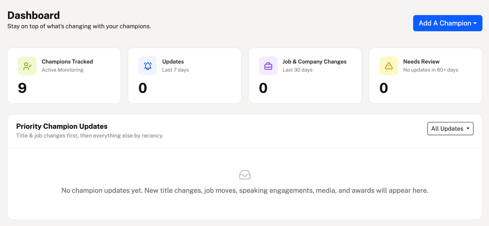 ChampionTracker dashboard with priority updates area